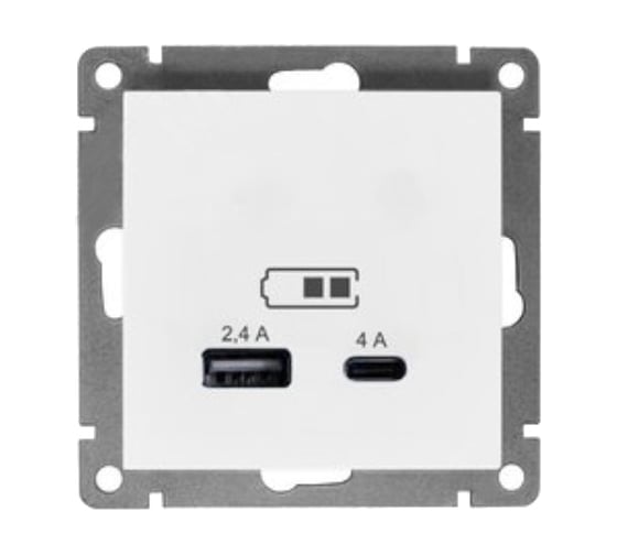 Розетка USB UNIVersal Type-A (2,4А ) + Type-C (4А) серия "Афина" с/у, белая (еврослот) А0059
