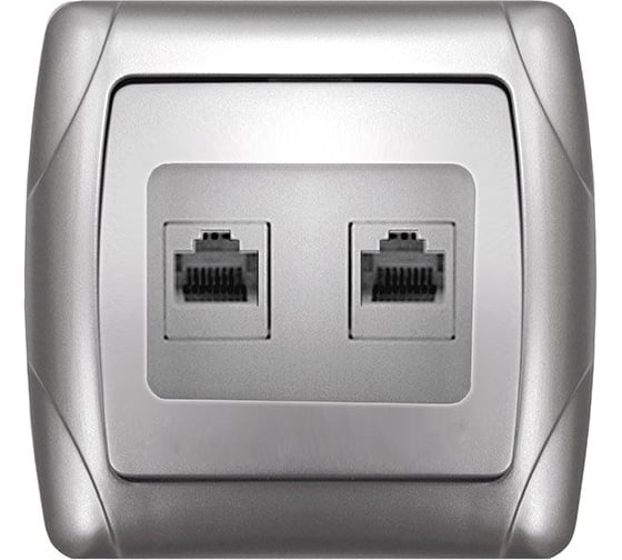 Розетка UNIVersal компьютерная двухместная серия "Маргарита",с/у, 1А, RJ45, серебро (еврослот) 1083-S 1