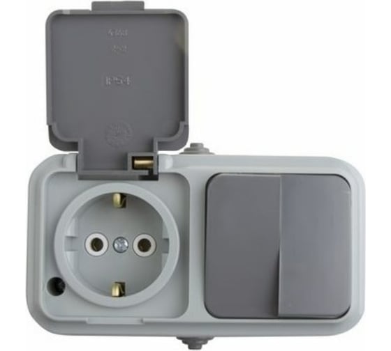 Двухклавишный выключатель + розетка REXANT, IP54, 10А, с заземлением, 16А 78-0530