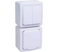 Блок 2 клавишный выключатель + 1-местная розетка IEK ГЕРМЕС PLUS БВб-22-32-ГПБб с заземляющим контактом, открытой установки, IP54 белый EBVMP20-K01-32-54-EC