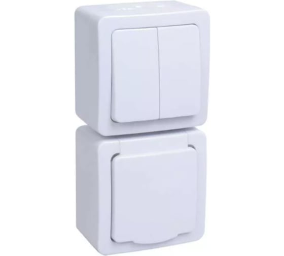 Блок 2 клавишный выключатель + 1-местная розетка IEK ГЕРМЕС PLUS БВб-22-32-ГПБб с заземляющим контактом, открытой установки, IP54 белый EBVMP20-K01-32-54-EC 1