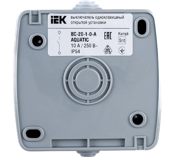 Одноклавишный выключатель IEK ВС-20-1-0-A, открытой установки, 10А, IP54, AQUATIC EVA10-K03-10-54