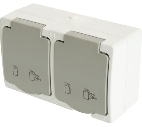 Розетка 2-местная с крышкой STEKKER с заземлением, 250В, 16А, IP54, серия Велена, белый 49730