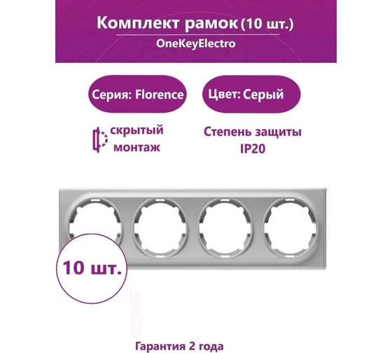 Комплект OneKeyElectro Рамка на 4 прибора, цвет серый (10шт.) 2172854_10