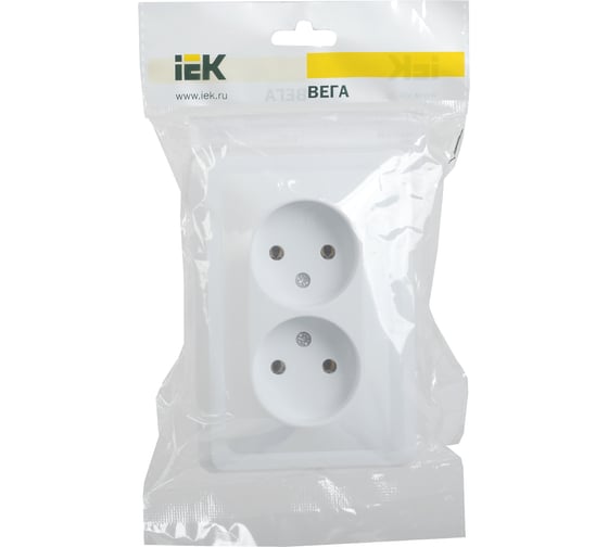 Двухместная розетка IEK РС12-2-ВБ, без заземляющего контакта, без защитных шторок, 10А, ВЕГА, белый ERV20-K01-10-DM