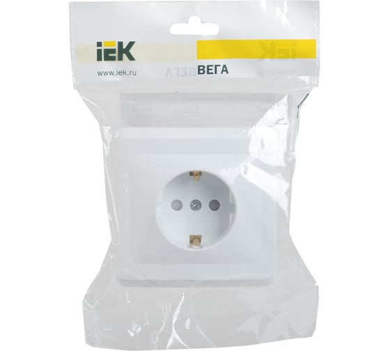 1-местная розетка с защитными шторками IEK ВЕГА РСш10-3-ВБ с заземляющим контактом, 16А, белый ERV14-K01-16-DM