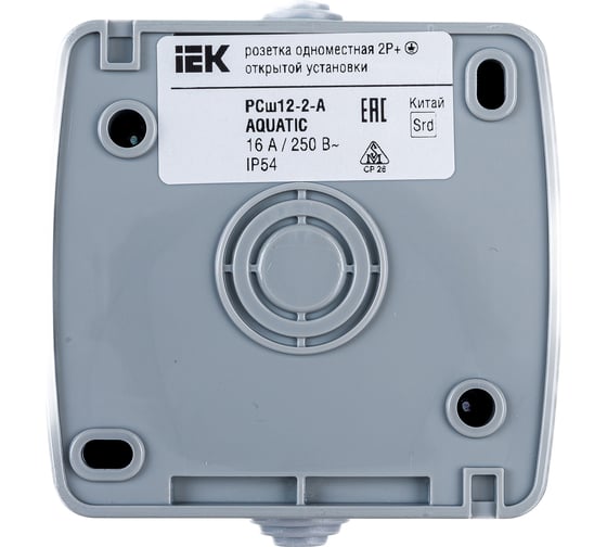 1-ая розетка IEK AQUATIC РСш12-2-А с заземляющим контактом, открытой установки, 16А, IP54 ERA12-K03-16-54