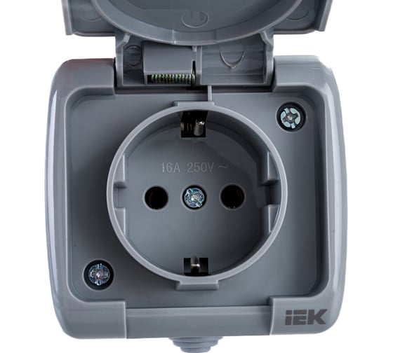 1-ая розетка IEK AQUATIC РСш12-2-А с заземляющим контактом, открытой установки, 16А, IP54 ERA12-K03-16-54