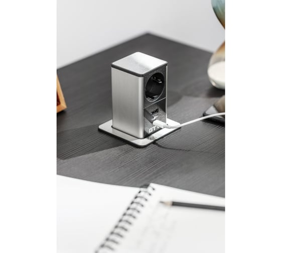 Удлинитель врезной GTV квадратный TOWER, 1xSCHUKO, 1xUSB, 1xTYPE-C, вилка провод 1,5M, цвет шлифованная сталь/черный AE-GMW1STOW-20