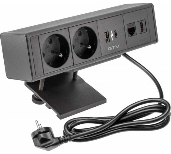 Удлинитель врезной GTV прямоугольный BAR, 2xFRENCH, 1xUSB, 1xTYPE-C, 1xLAN, 1xHDMI, вилка провод 1,5M, цвет черный AE-GM2FBAR-20 1