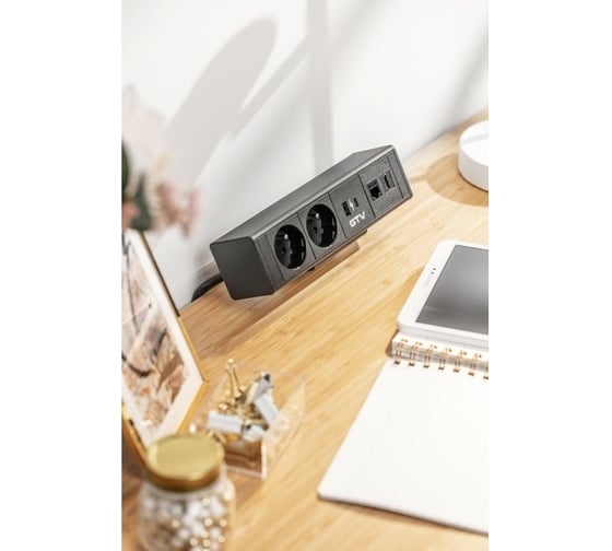 Удлинитель врезной GTV прямоугольный BAR, 2xFRENCH, 1xUSB, 1xTYPE-C, 1xLAN, 1xHDMI, вилка провод 1,5M, цвет черный AE-GM2FBAR-20