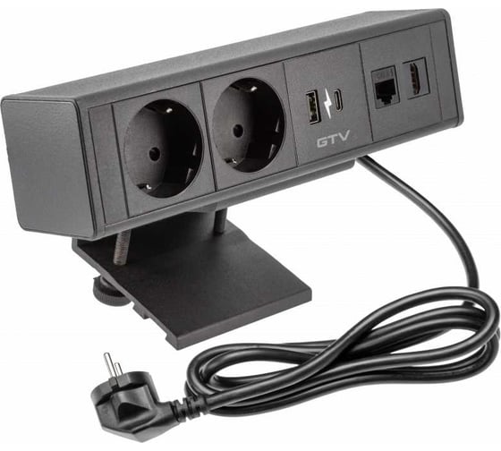 Удлинитель врезной GTV прямоугольный BAR, 2xSCHUKO, 1xUSB, 1xTYPE-C, 1xLAN, 1xHDMI, вилка провод 1,5M, цвет черный AE-GM2SBAR-20 1