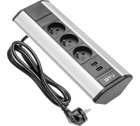Удлинитель накладной GTV прямоугольный угловой, 3XFRENCH, 2XUSB/5V, вилка провод 1,5M, цвет серебро AE-PBKT3U2U-80 1