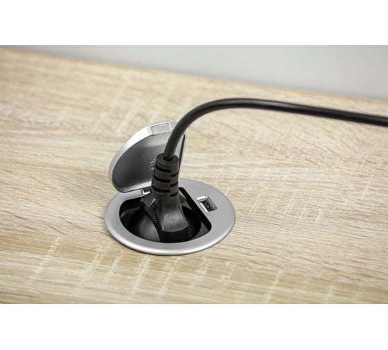Удлинитель врезной круглый GTV CHARGER MINI, D-60MM, 1XFRENCH, 1XUSB/5V, вилка провод 1,9M, цвет серебро AE-BPW1U1UCH-53 1