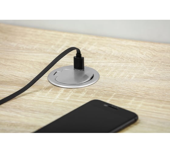 Удлинитель врезной круглый GTV CHARGER MINI, D-60MM, 1XFRENCH, 1XUSB/5V, вилка провод 1,9M, цвет серебро AE-BPW1U1UCH-53