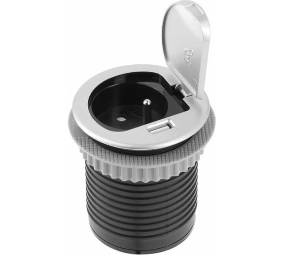 Удлинитель врезной круглый GTV CHARGER MINI, D-60MM, 1XFRENCH, 1XUSB/5V, вилка провод 1,9M, цвет серебро AE-BPW1U1UCH-53