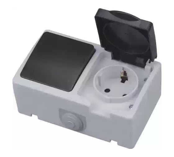 Одинарная розетка Horoz Electric с одинарным выключателем накладной с/з ATOM (1-GANG GROUNDED SOCKET _ 1-GANG 10A/250V IP54 112-100-0003 HRZ01001525