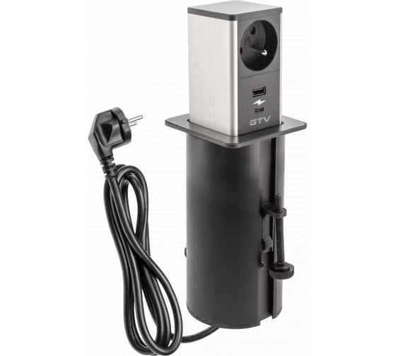 Удлинитель врезной квадратный GTV TOWER, 1xFRENCH, 1xUSB, 1xTYPE-C, вилка, провод 1,5M, цвет шлифованная сталь/черный AE-GMW1FTOW-20 1