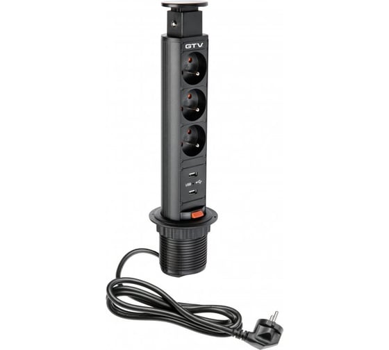 Удлинитель врезной вертикальный GTV D-60MM, 3XFRENCH, 2XUSB/5V, цвет черный AE-BPW3U60U-20