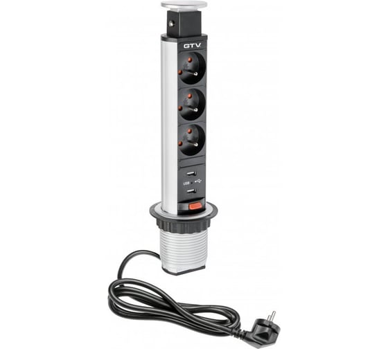 Удлинитель врезной вертикальный GTV D-60MM, 3XFRENCH, 2XUSB/5V, цвет серебро AE-BPW3U60U-80
