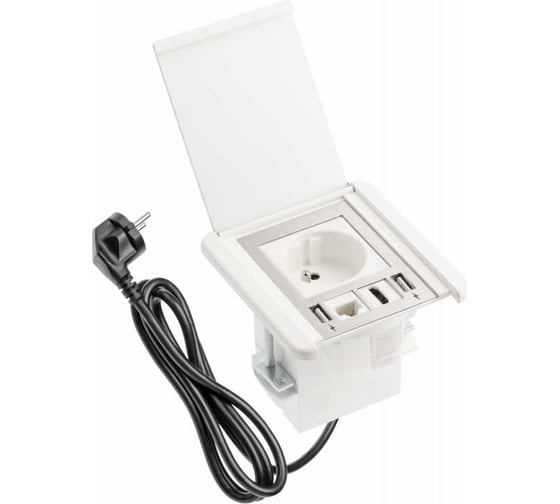 Удлинитель врезной квадратный  GTV FLIP, 1xFRENCH, 2xUSB, 1xLAN, вилка, провод 1,5M, цвет белый AE-GM1FFLI-10
