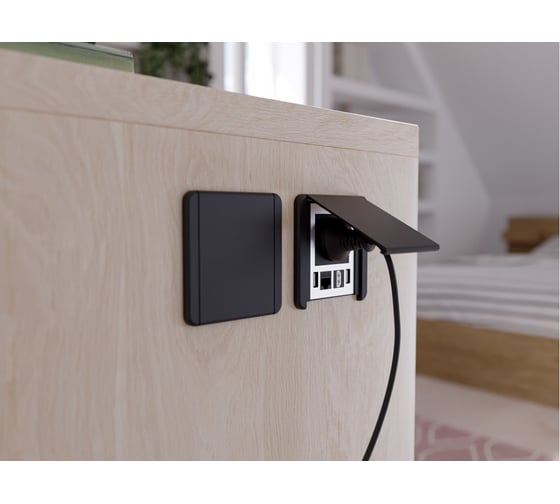 Удлинитель врезной квадратный GTV FLIP, 1xSCHUKO, 2xUSB, 1xLAN, вилка, провод 1,5M, цвет черный AE-GM1SFLI-20