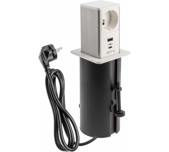Удлинитель врезной квадратный GTV TOWER, 1xFRENCH, 1xUSB, 1xTYPE-C, вилка, провод 1,5M, цвет шлифованная сталь/белый AE-GMW1FTOW-10