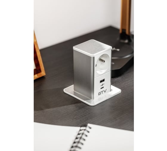 Удлинитель врезной квадратный GTV TOWER, 1xFRENCH, 1xUSB, 1xTYPE-C, вилка, провод 1,5M, цвет шлифованная сталь/белый AE-GMW1FTOW-10