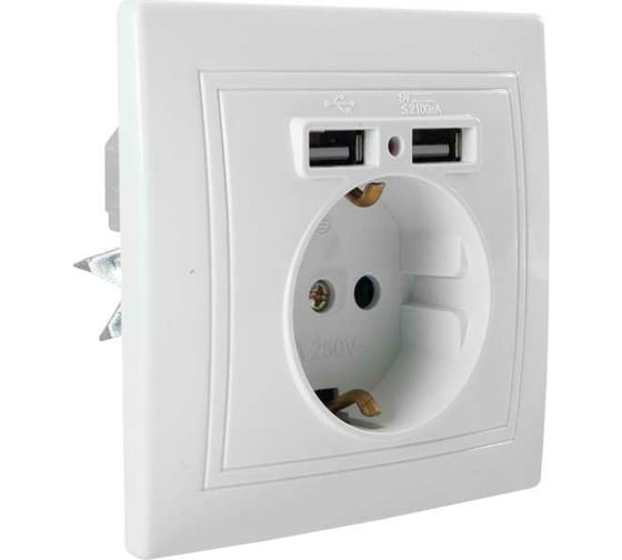 Розетка Jilion 1 гнездо с заземлением с USB, белый 9533166