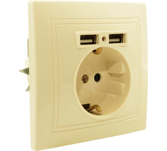 Розетка 1 гнездо Jilion с заземлением с USB, бежевый 9533167