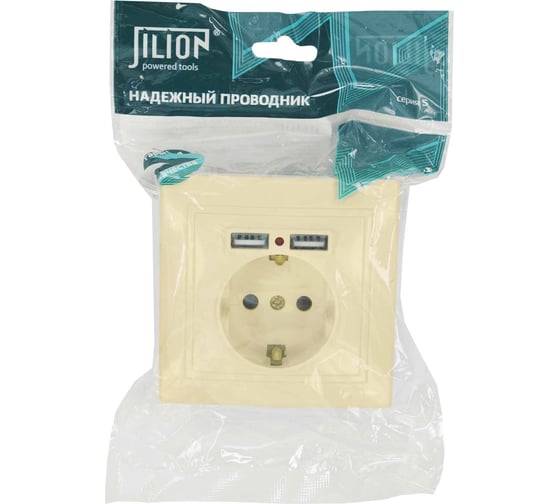 Розетка 1 гнездо Jilion с заземлением с USB, бежевый 9533167