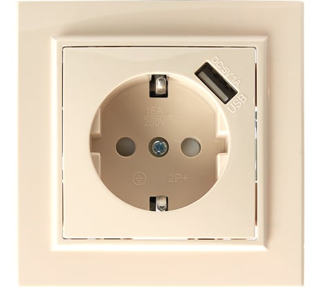 1-местная розетка STEKKER с заземлением 220В 16А с защитными шторками USB серия Эрна, слоновая кость PST16-901-02 39237