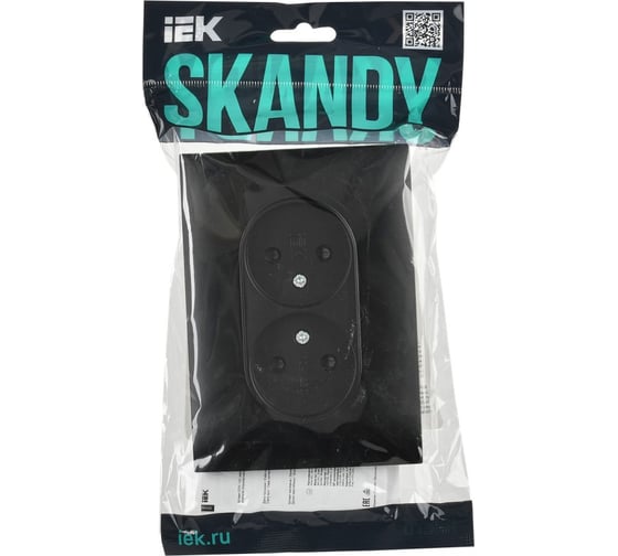 Розетка 2-местная IEK SKANDY без заземления с защитными шторками 10А в сборе SK-R09Bl черный SK-R23-10-K02-F