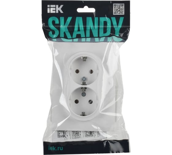 Розетка 2-местная IEK SKANDY с заземлением без защитных шторок 16А в сборе SK-R08W арктический белый SK-R21-16-K01-F