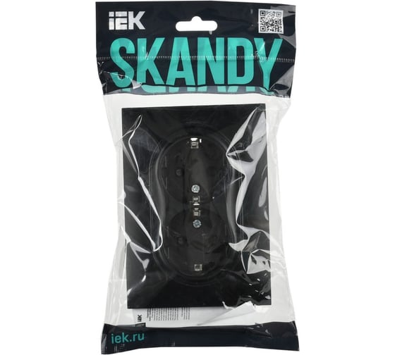 Розетка 2-местная IEK SKANDY с заземлением с защитными шторками 16А в сборе SK-R07Bl черный SK-R24-16-K02-F