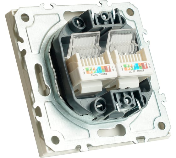 Розетка компьютерная 2-местная RJ-45 (механизм) STEKKER серия Эмили, RST00-5111-01, белый фарфор, soft touch, 49874