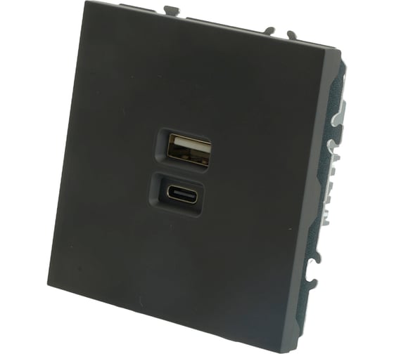 Розетка 2-местная USB + Type C (механизм) STEKKER 250В, 20W, серия Эмили, RST10-5115-05, черный уголь, soft touch, 49853
