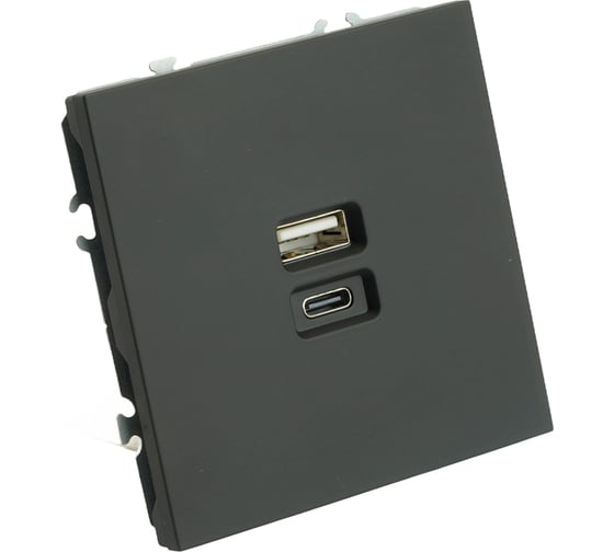 Розетка 2-местная USB + Type C (механизм) STEKKER 250В, 20W, серия Эмили, RST10-5115-05, черный уголь, soft touch, 49853