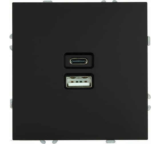 Розетка 2-местная USB + Type C (механизм) STEKKER 250В, 20W, серия Эмили, RST10-5115-05, черный уголь, soft touch, 49853
