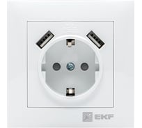 1-местная розетка EKF Валенсия, с заземлением, 16А, белая, с защитными шторками, с 2 USB, 2,1А PROxima EWR16-028-10-2USB
