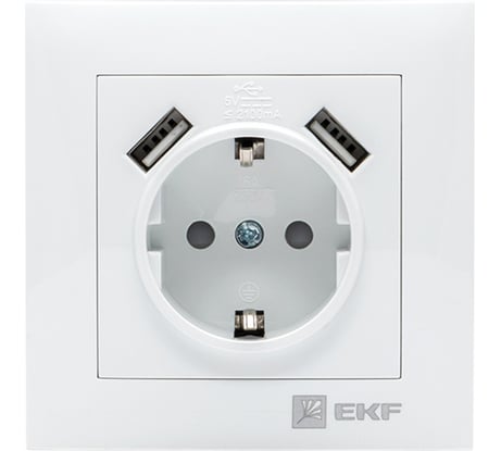 1-местная розетка EKF Валенсия, с заземлением, 16А, белая, с защитными шторками, с 2 USB, 2,1А PROxima EWR16-028-10-2USB
