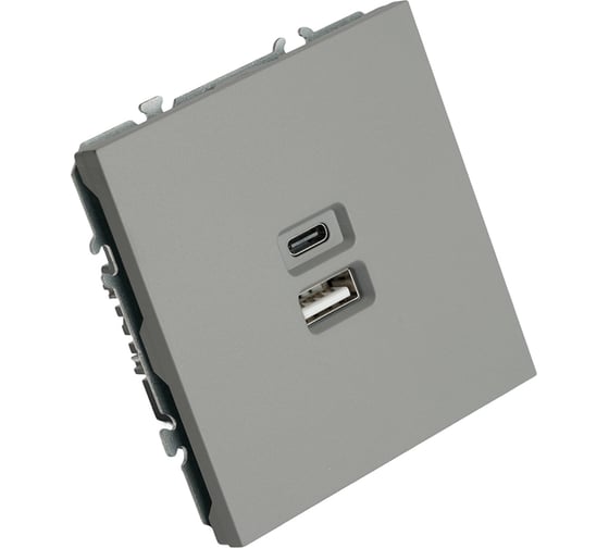 Розетка 2-местная STEKKER USB + Type C (механизм), 250В, 20W, серия Эмили, RST10-5115-10, платиново-серый, soft touch, 49957