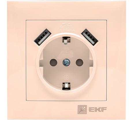 1-местная розетка с 2 USB EKF Валенсия, с заземлением, 16А, кремовая, с защитными шторками  2,1А PROxima EWR16-028-20-2USB