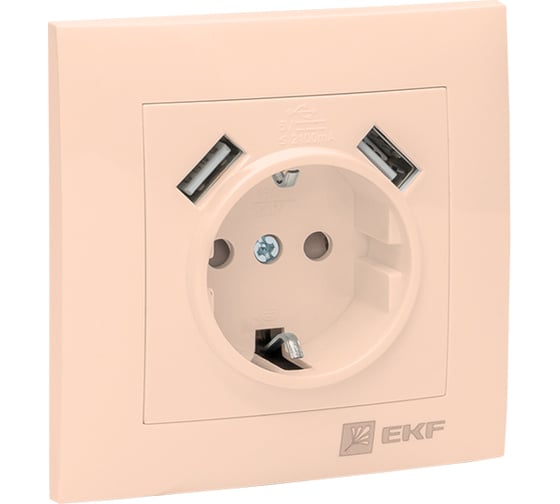 1-местная розетка с 2 USB EKF Валенсия, с заземлением, 16А, кремовая, с защитными шторками  2,1А PROxima EWR16-028-20-2USB