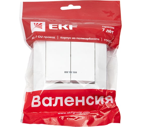 2-клавишный выключатель EKF Валенсия, 10А белый с индикатором PROxima EWV10-123-10