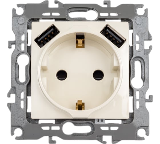 Розетка ЭРА 12410902 2PE, 16A/250В, шторки, с 2xUSB, 5В/3А, 12, слоновая кость, 10/100/2000 Б0047841