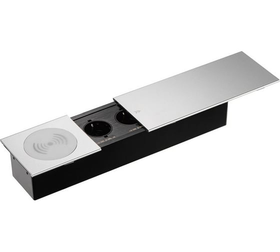 Выдвижная встраиваемая розетка Mebax JX (Slide Top) 2 секции Серебро 350х100х63мм RJ-45 + 2 USB беспр.зарядка (с каб.пит.) 00-00002892