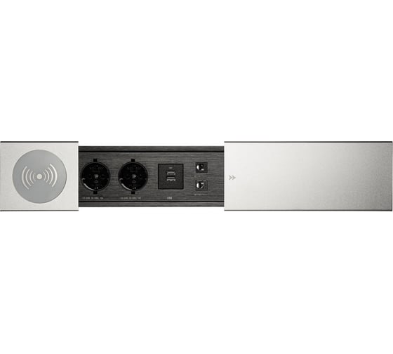 Выдвижная встраиваемая розетка Mebax JX (Slide Top) 2 секции Серебро 350х100х63мм RJ-45 + 2 USB беспр.зарядка (с каб.пит.) 00-00002892
