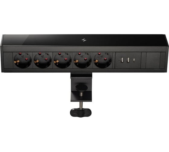 Блок розеток Mebax на струбцине LE4 5 секции Чёрный боковое крепление 2 USB + 1 type C беспроводная зарядка 00-00002875