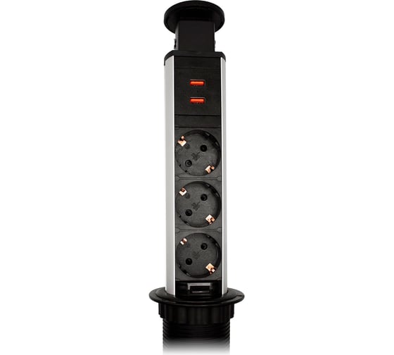 Выдвижная встраиваемая розетка Mebax 105S (J) 3 секции Чёрный Механический d=60мм 2 USB 00-00003151